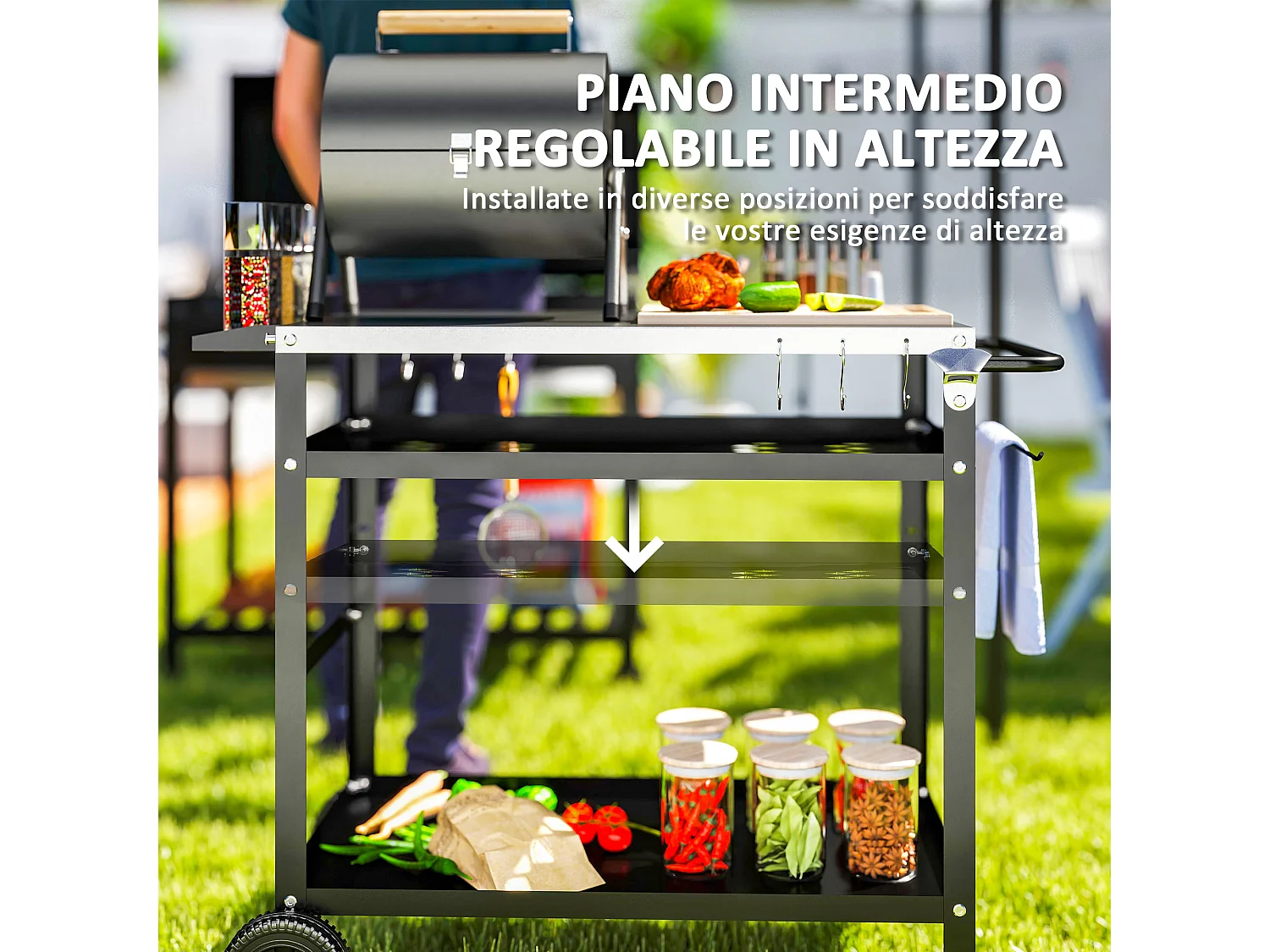 Carrello per barbecue con piano regolabile e ruote in acciaio nero