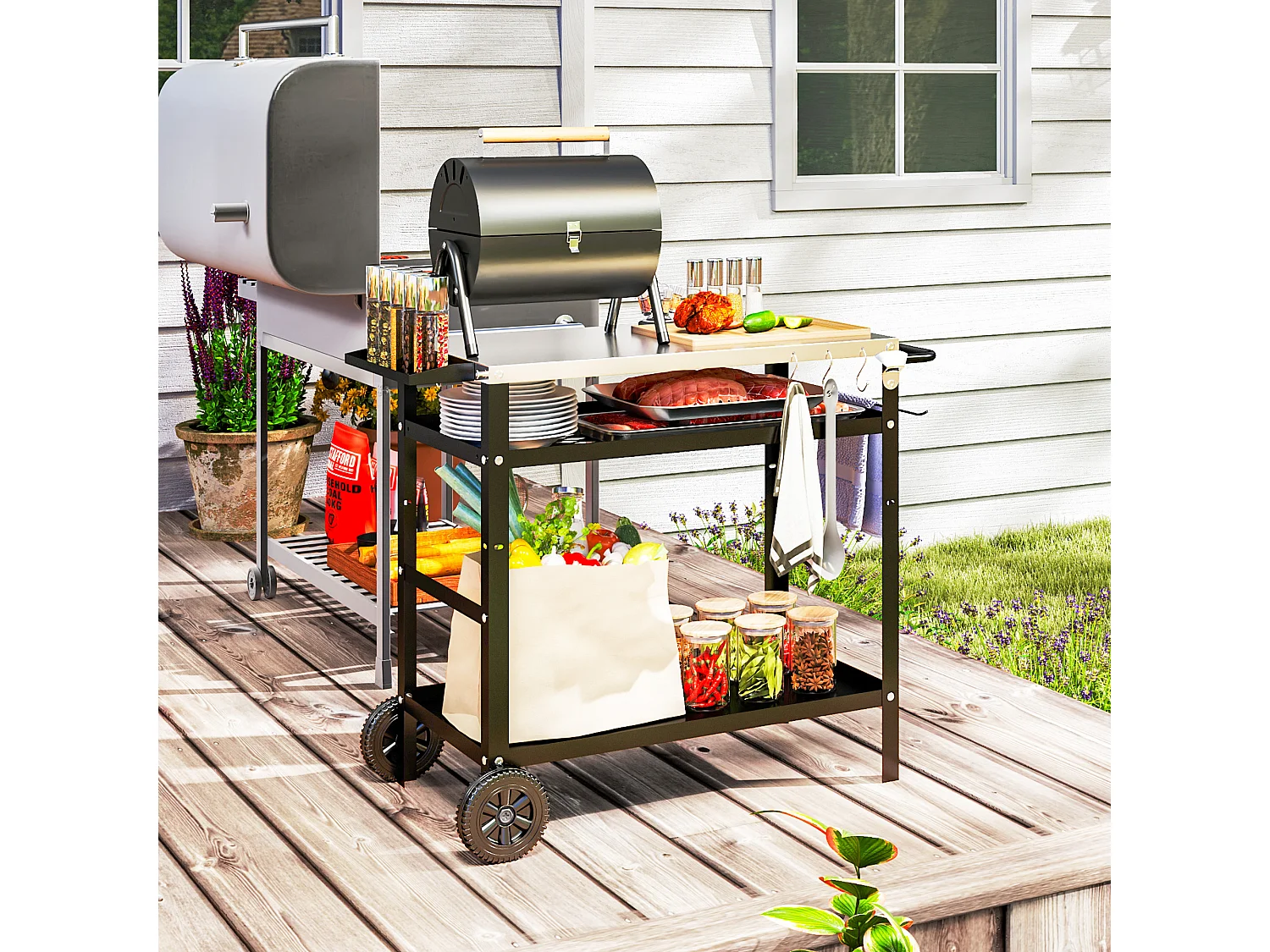 Carrello per barbecue con piano regolabile e ruote in acciaio nero