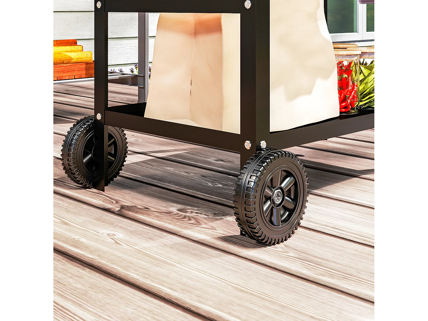 Carrello per barbecue con piano regolabile e ruote in acciaio nero