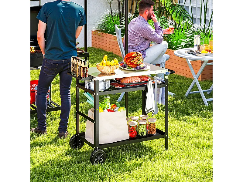 Carrello per barbecue con piano regolabile e ruote in acciaio nero