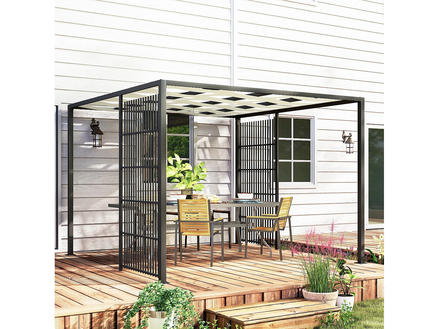 Pergola per esterno 3x3 m con schermi laterali per privacy nero