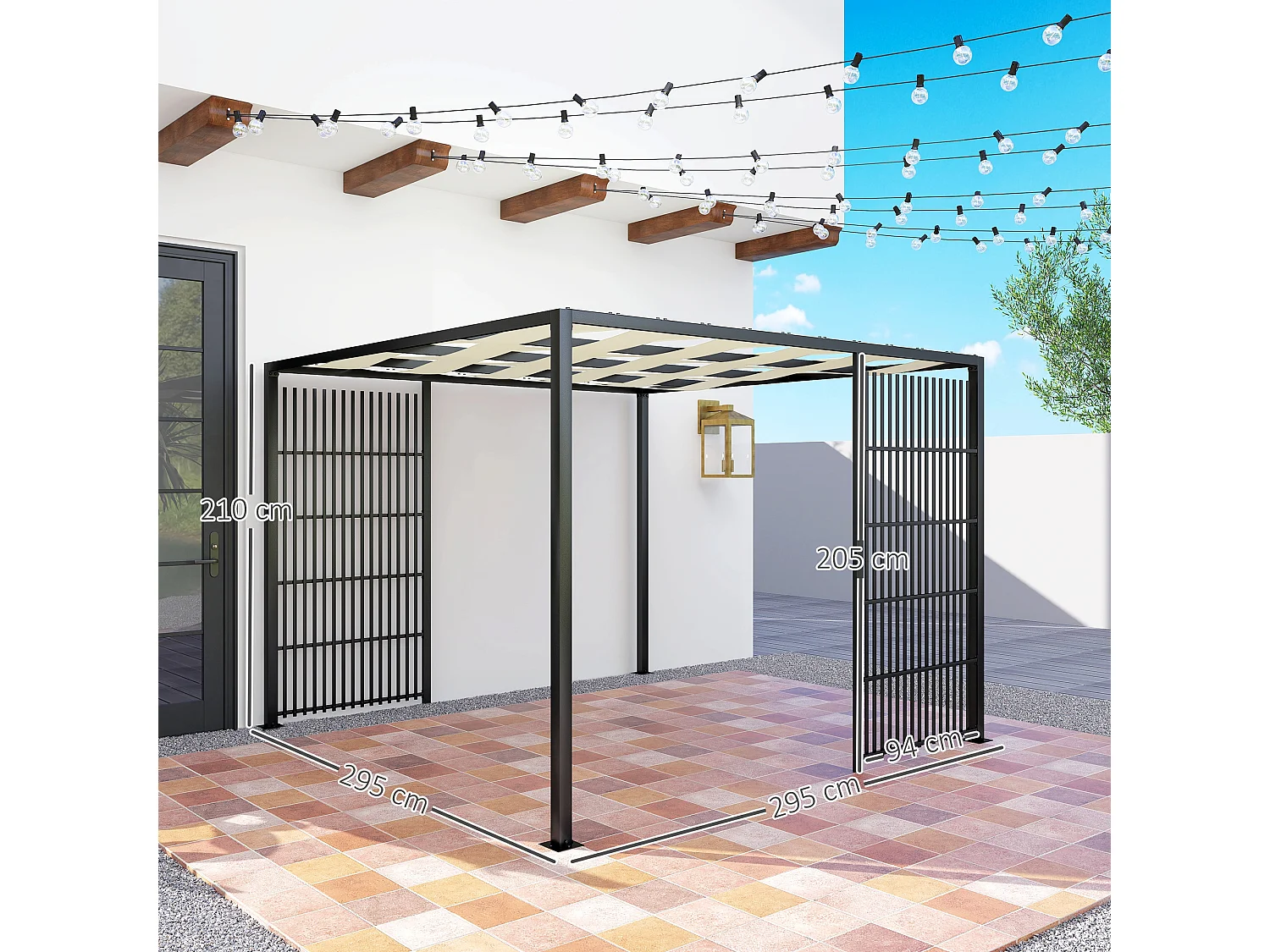 Pergola per esterno 3x3 m con schermi laterali per privacy nero