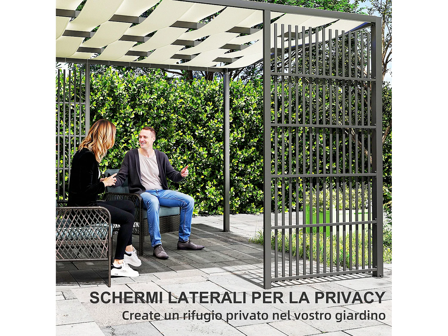 Pergola per esterno 3x3 m con schermi laterali per privacy nero