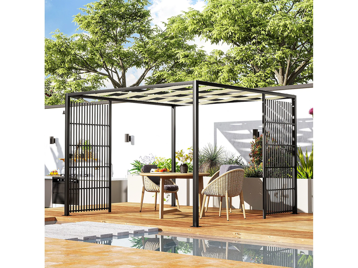 Pergola per esterno 3x3 m con schermi laterali per privacy nero