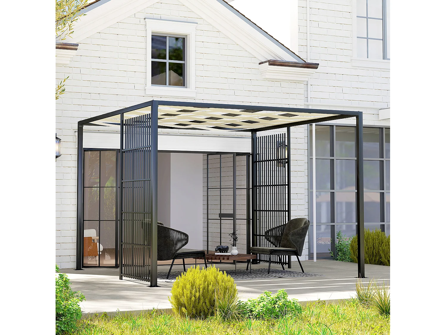 Pergola per esterno 3x3 m con schermi laterali per privacy nero