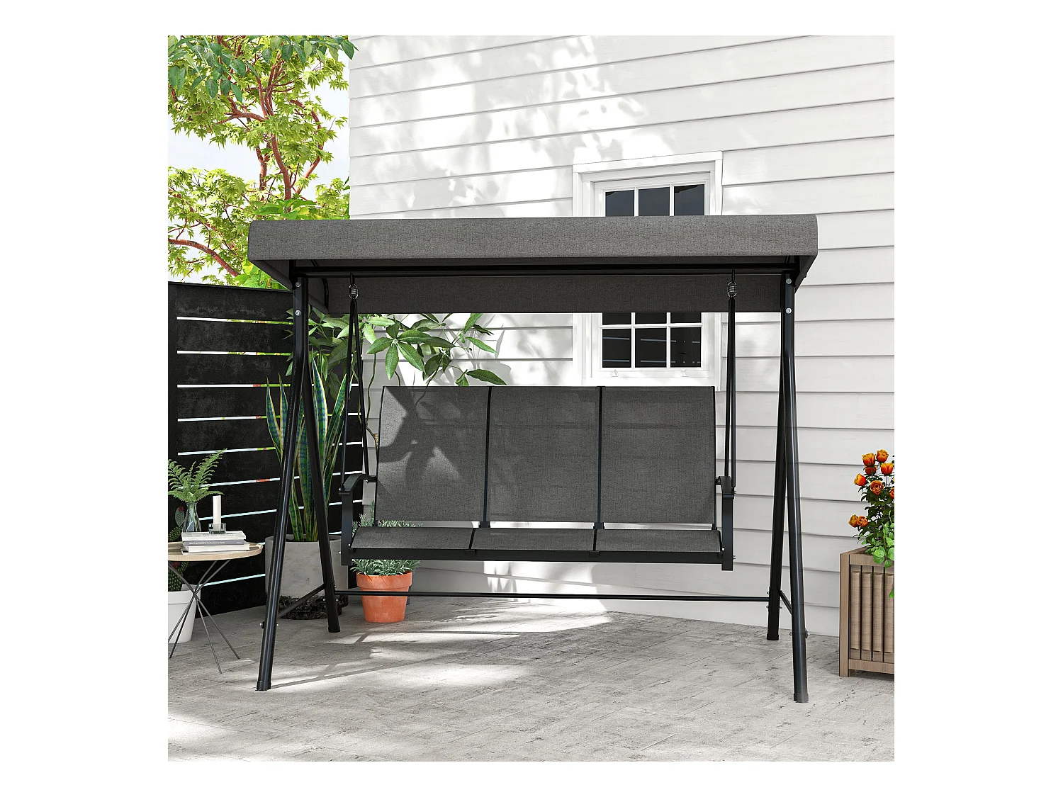 Dondolo da giardino 3 posti con tetto parasole regolabile grigio scuro