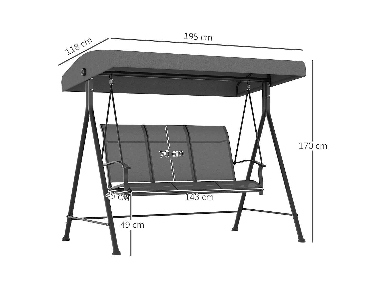 Dondolo da giardino 3 posti con tetto parasole regolabile grigio scuro