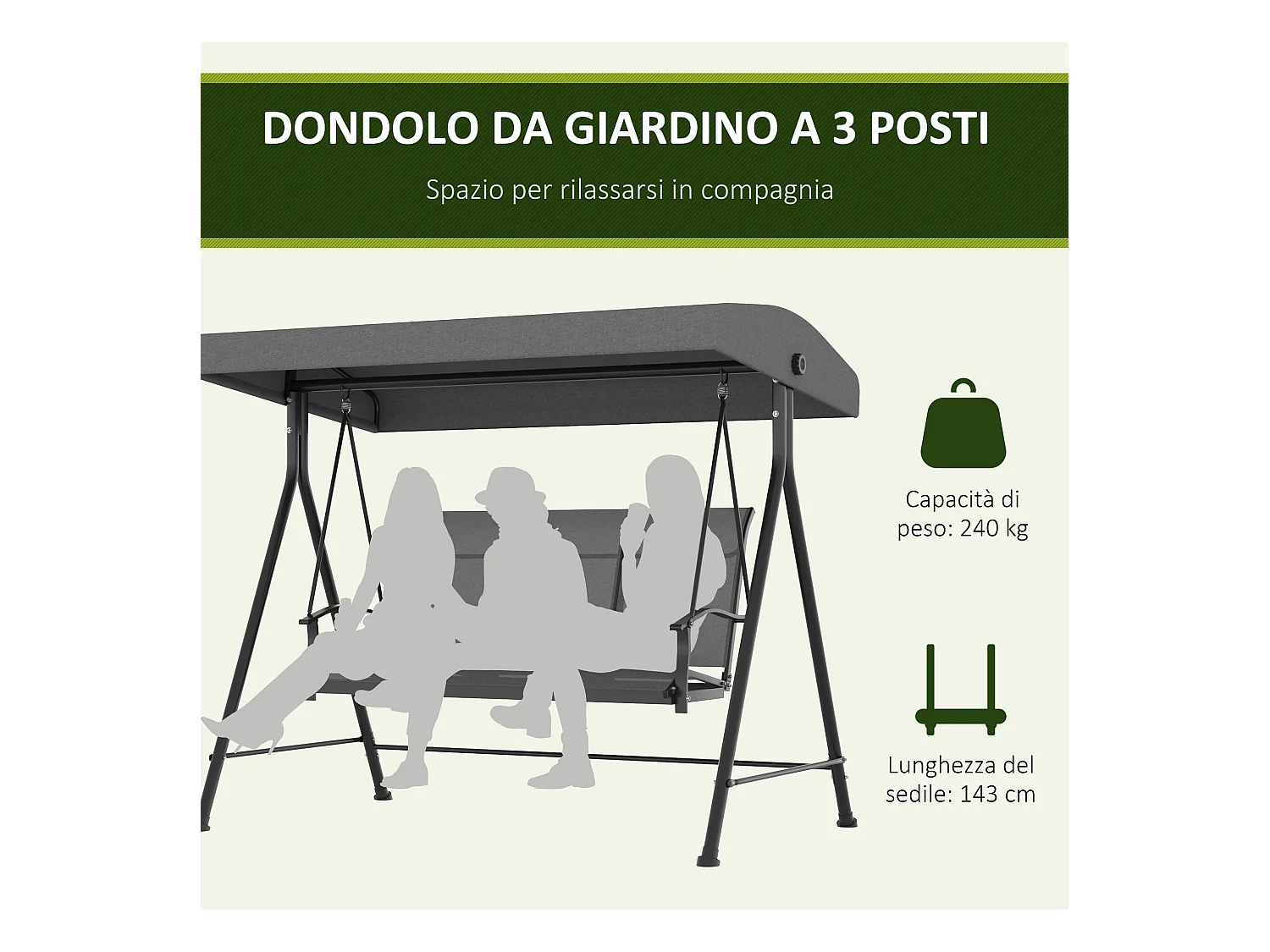 Dondolo da giardino 3 posti con tetto parasole regolabile grigio scuro