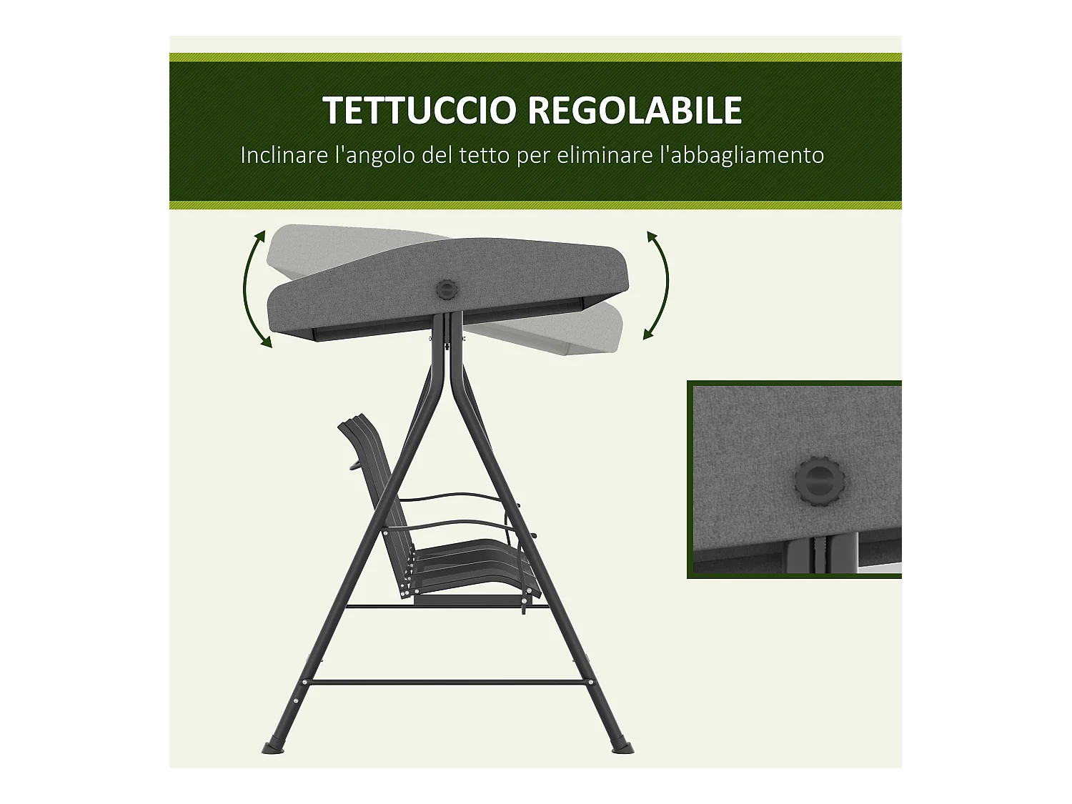 Dondolo da giardino 3 posti con tetto parasole regolabile grigio scuro