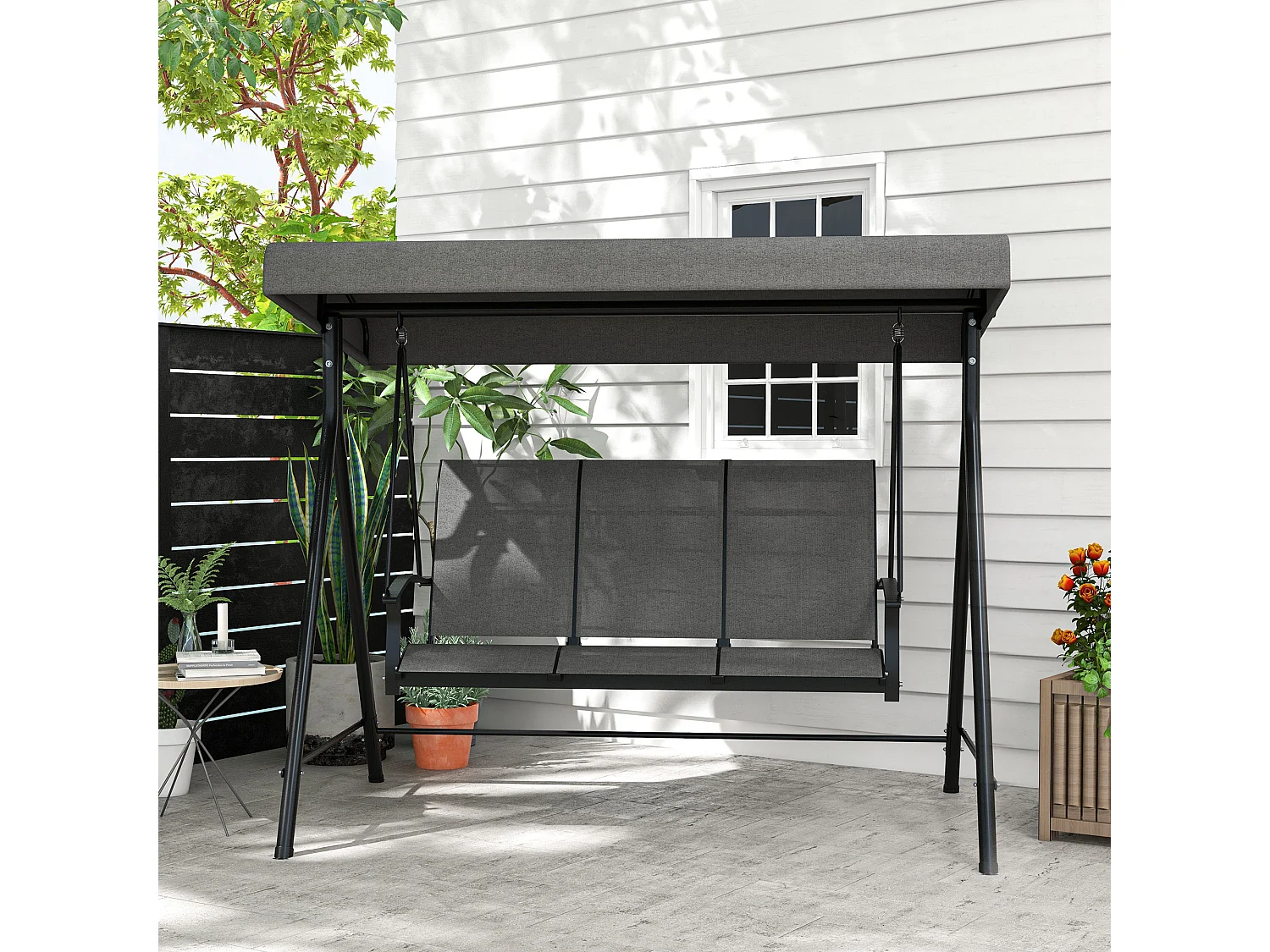 Dondolo da giardino 3 posti con tetto parasole regolabile grigio scuro