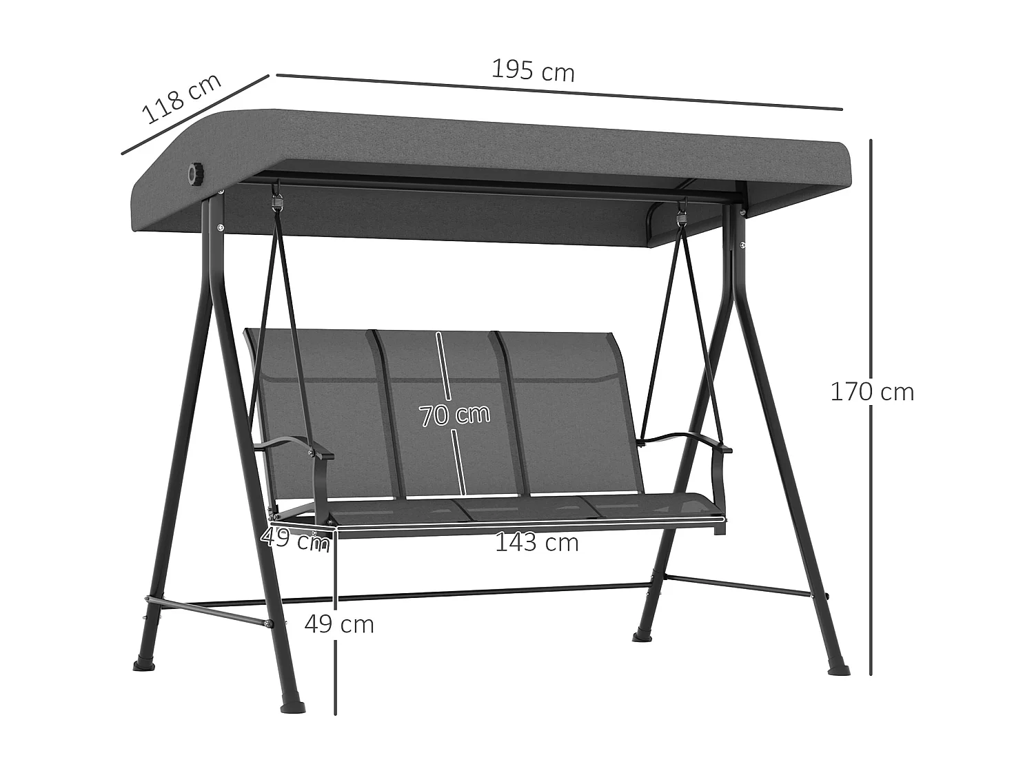 Dondolo da giardino 3 posti con tetto parasole regolabile grigio scuro