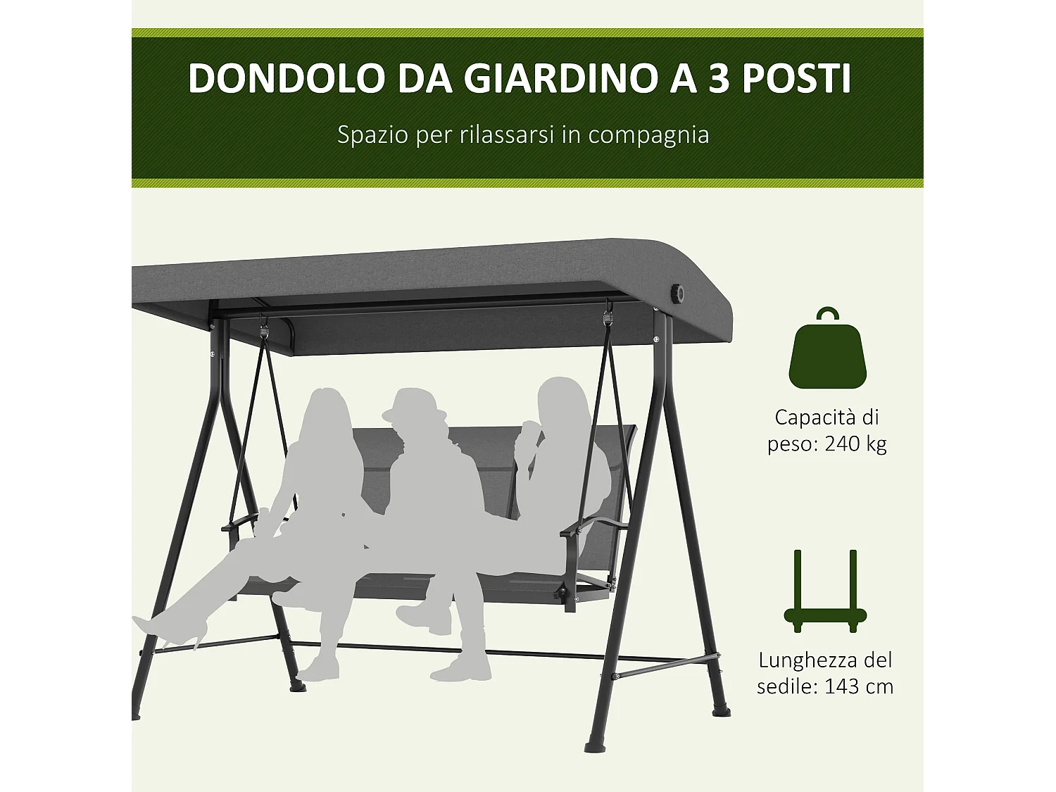 Dondolo da giardino 3 posti con tetto parasole regolabile grigio scuro