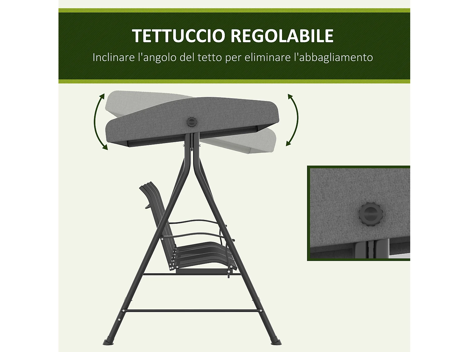 Dondolo da giardino 3 posti con tetto parasole regolabile grigio scuro