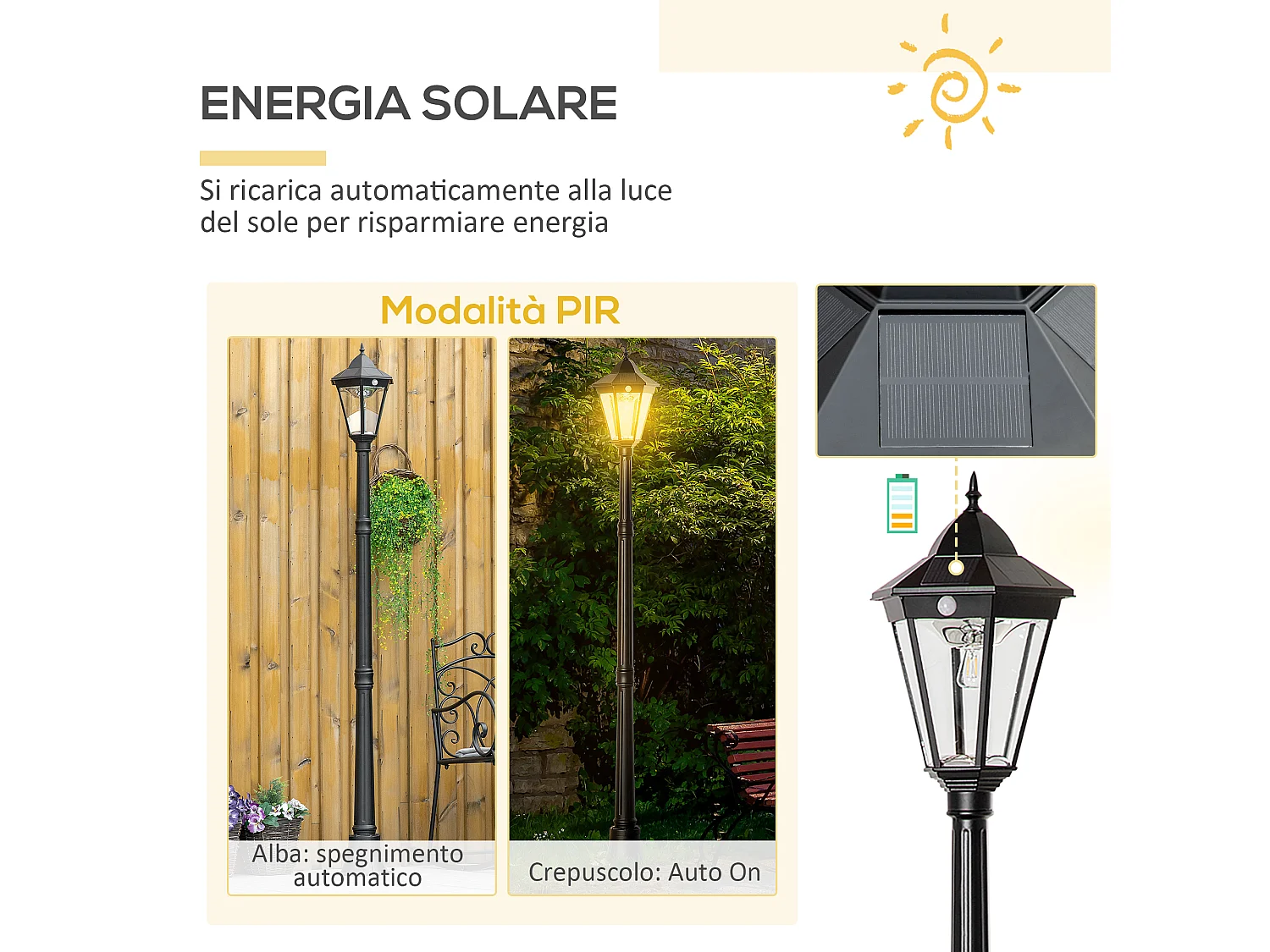 Lampione solare da giardino led con sensore di movimento nero