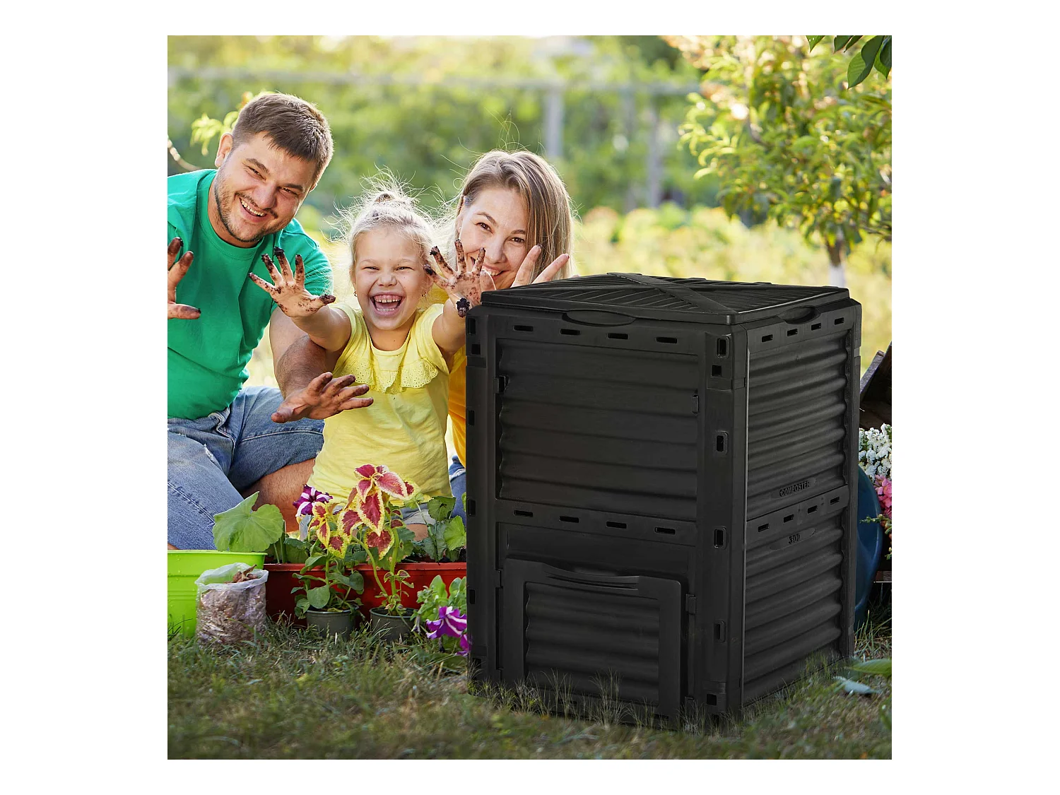 Compostiera da giardino 300l con coperchio a incastro nero