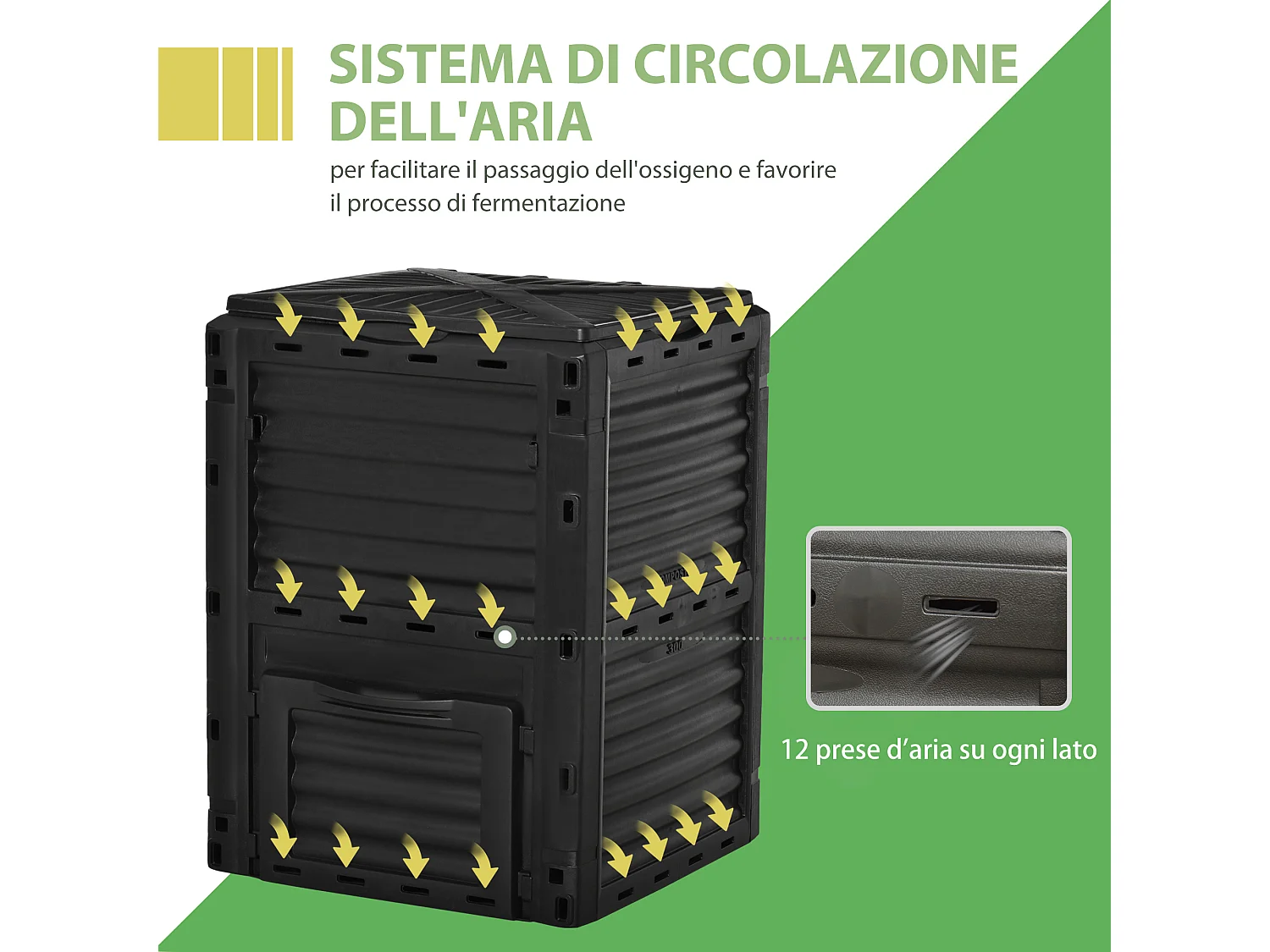 Compostiera da giardino 300l con coperchio a incastro nero