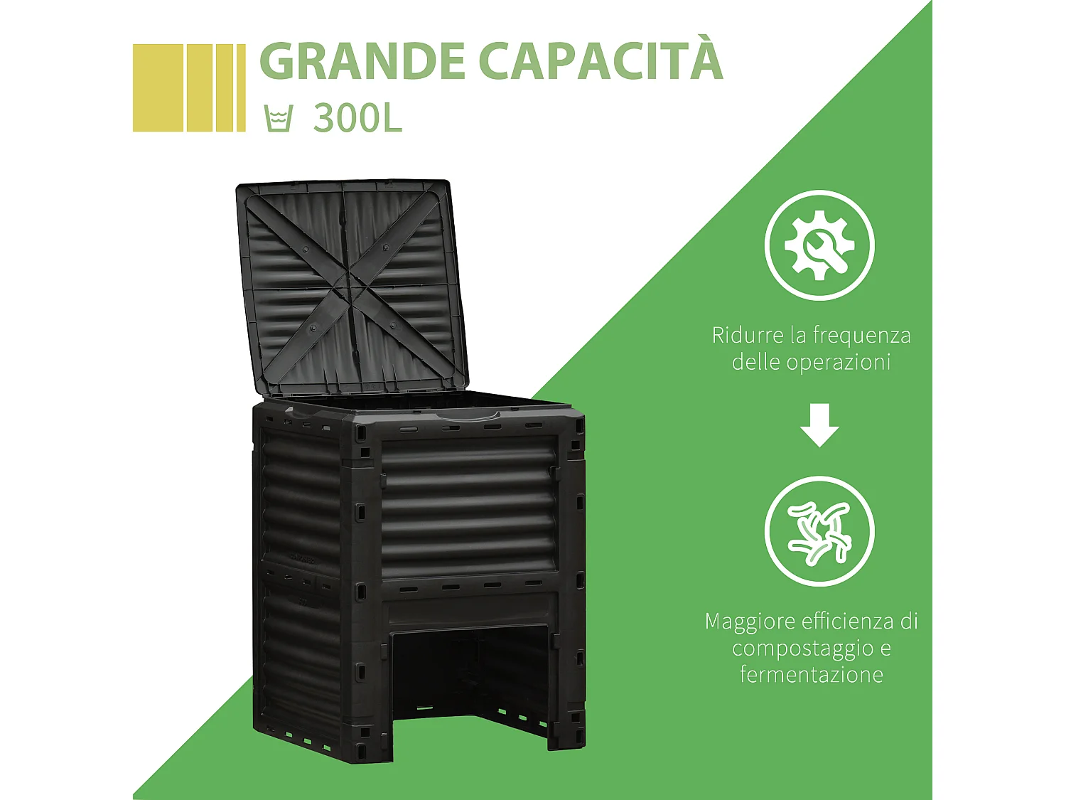 Compostiera da giardino 300l con coperchio a incastro nero