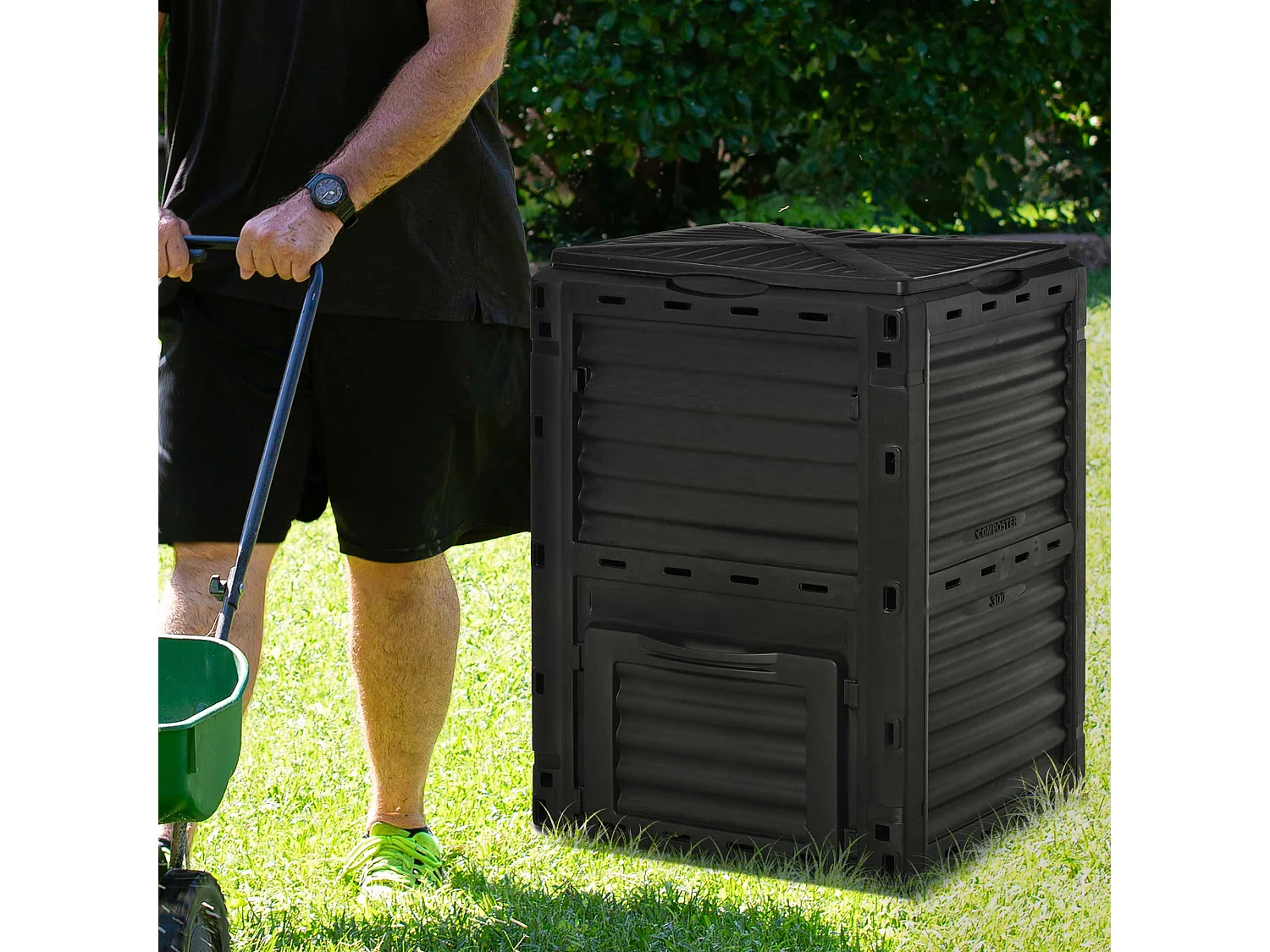 Compostiera da giardino 300l con coperchio a incastro nero