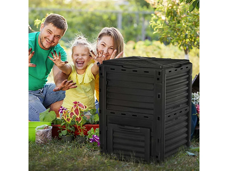 Compostiera da giardino 300l con coperchio a incastro nero