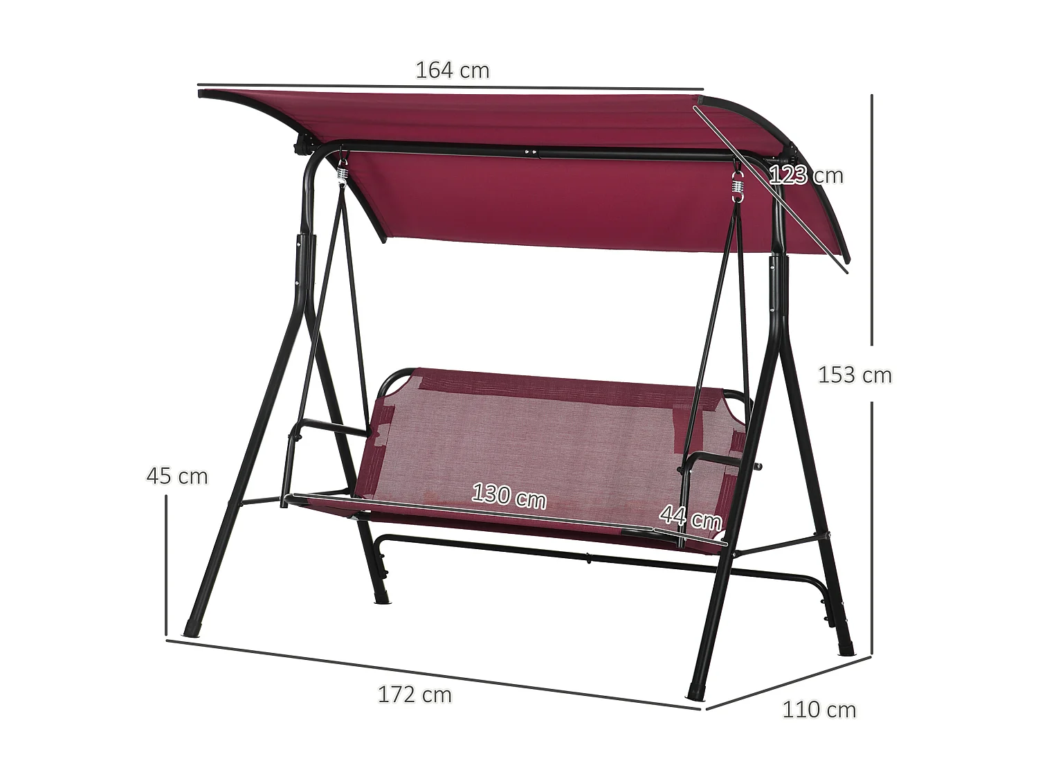 Dondolo 3 posti da terrazzo e giardino con tettuccio rosso e nero