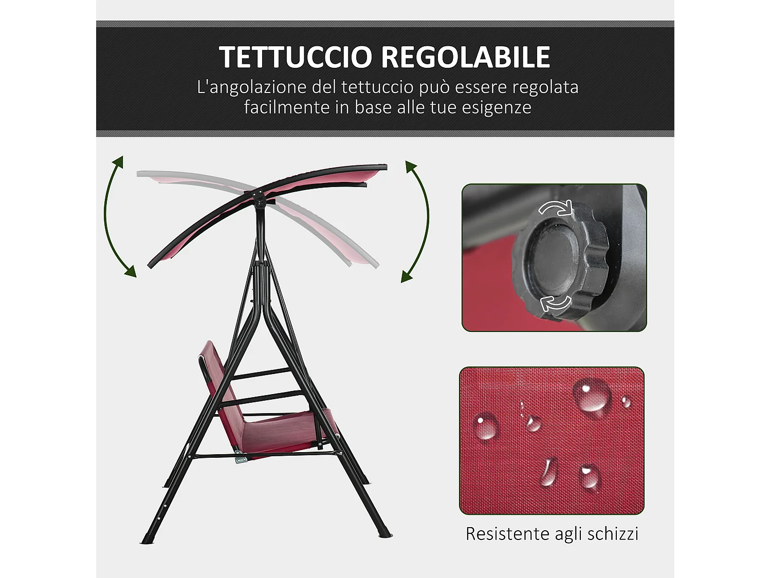 Dondolo 3 posti da terrazzo e giardino con tettuccio rosso e nero