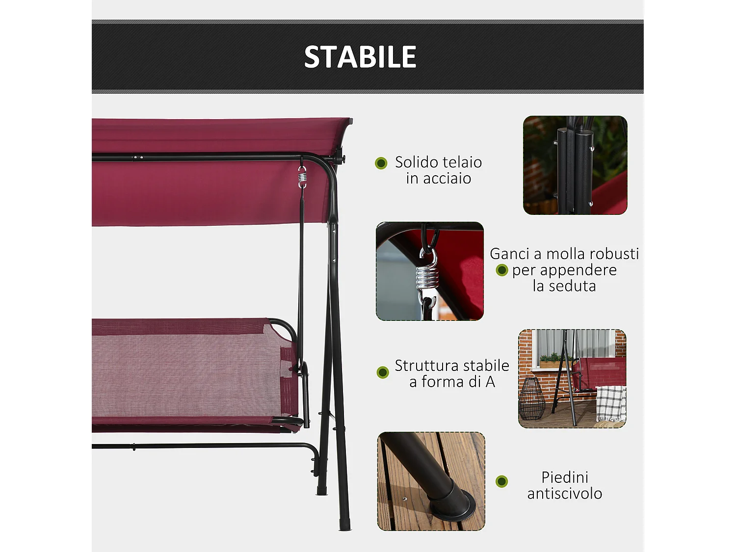 Dondolo 3 posti da terrazzo e giardino con tettuccio rosso e nero