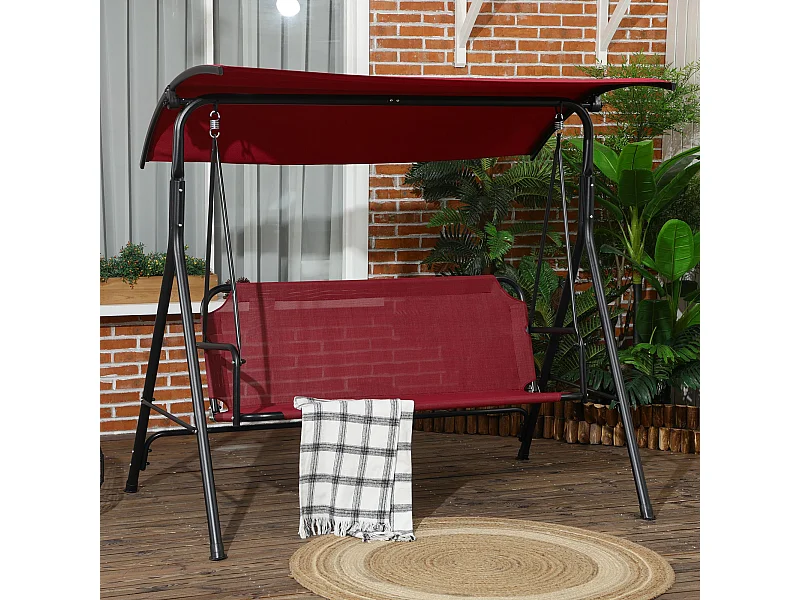 Dondolo 3 posti da terrazzo e giardino con tettuccio rosso e nero