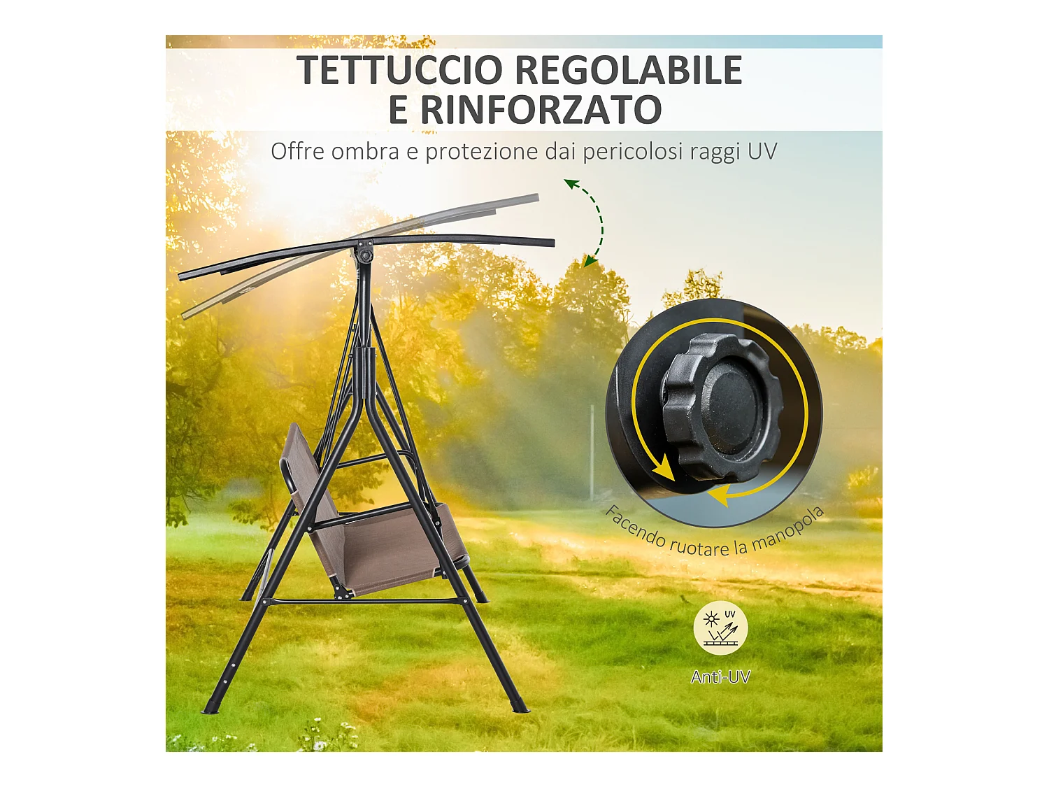 Dondolo da giardino 2 posti con tettuccio parasole regolabile