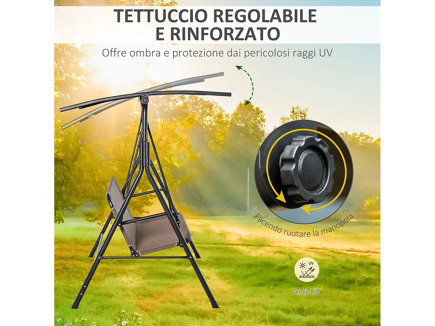 Dondolo da giardino 2 posti con tettuccio parasole regolabile