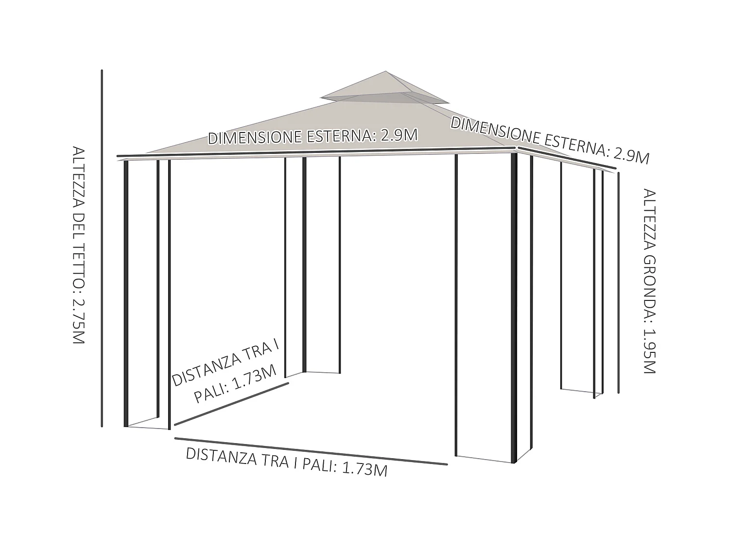 Gazebo da giardino 3x3m con zanzariere e tubi in metallo