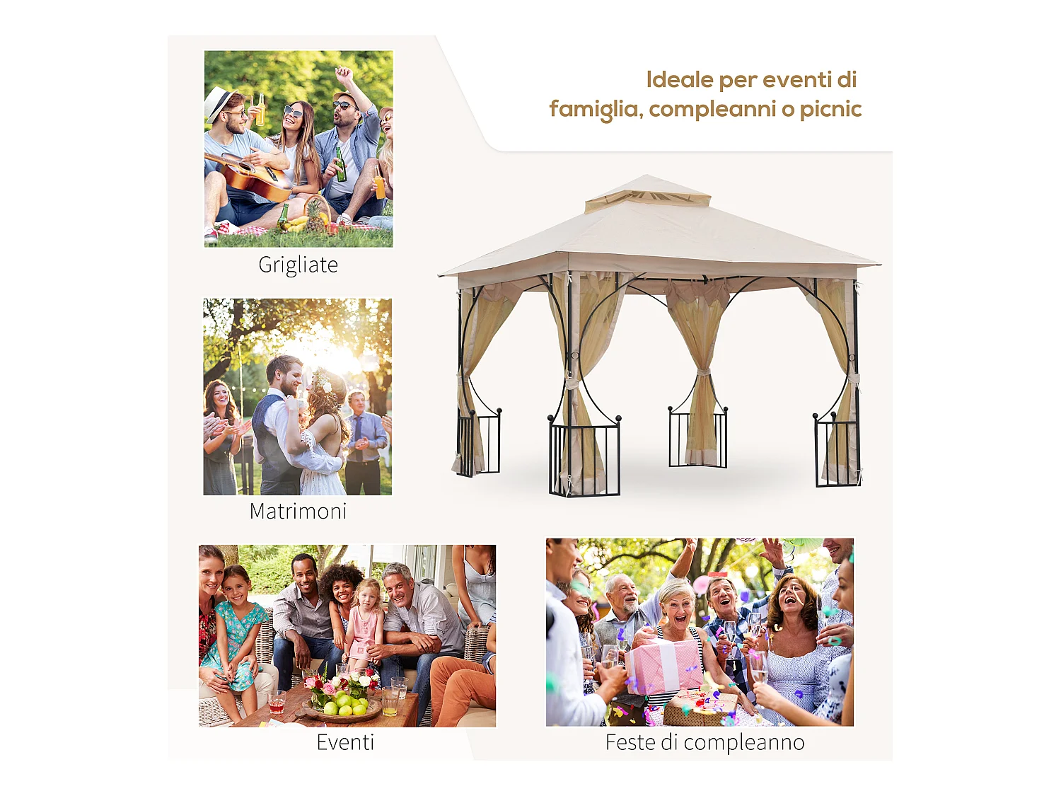 Gazebo da giardino 3x3m con zanzariere e tubi in metallo