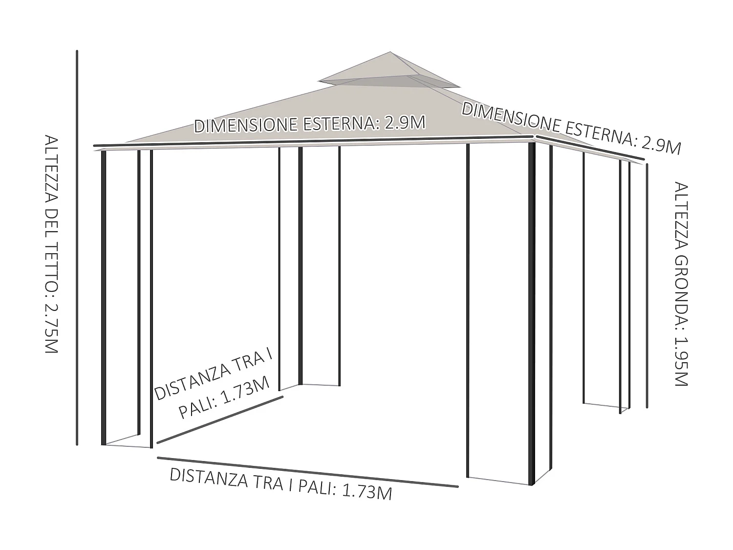 Gazebo da giardino 3x3m con zanzariere e tubi in metallo