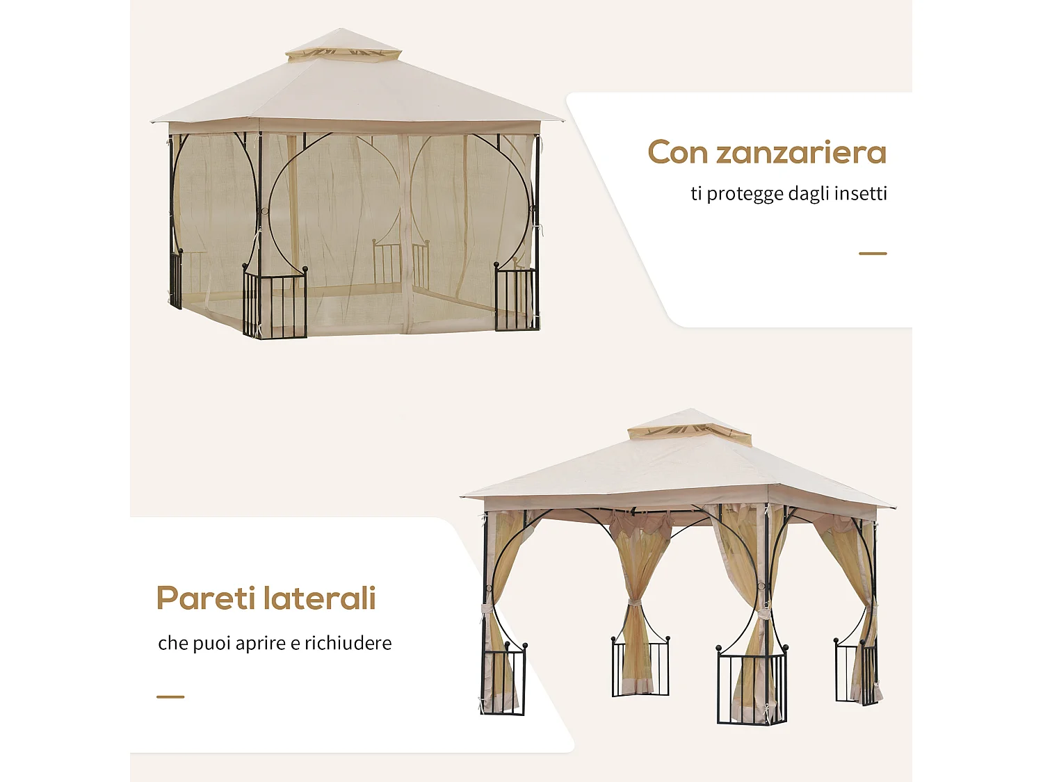 Gazebo da giardino 3x3m con zanzariere e tubi in metallo