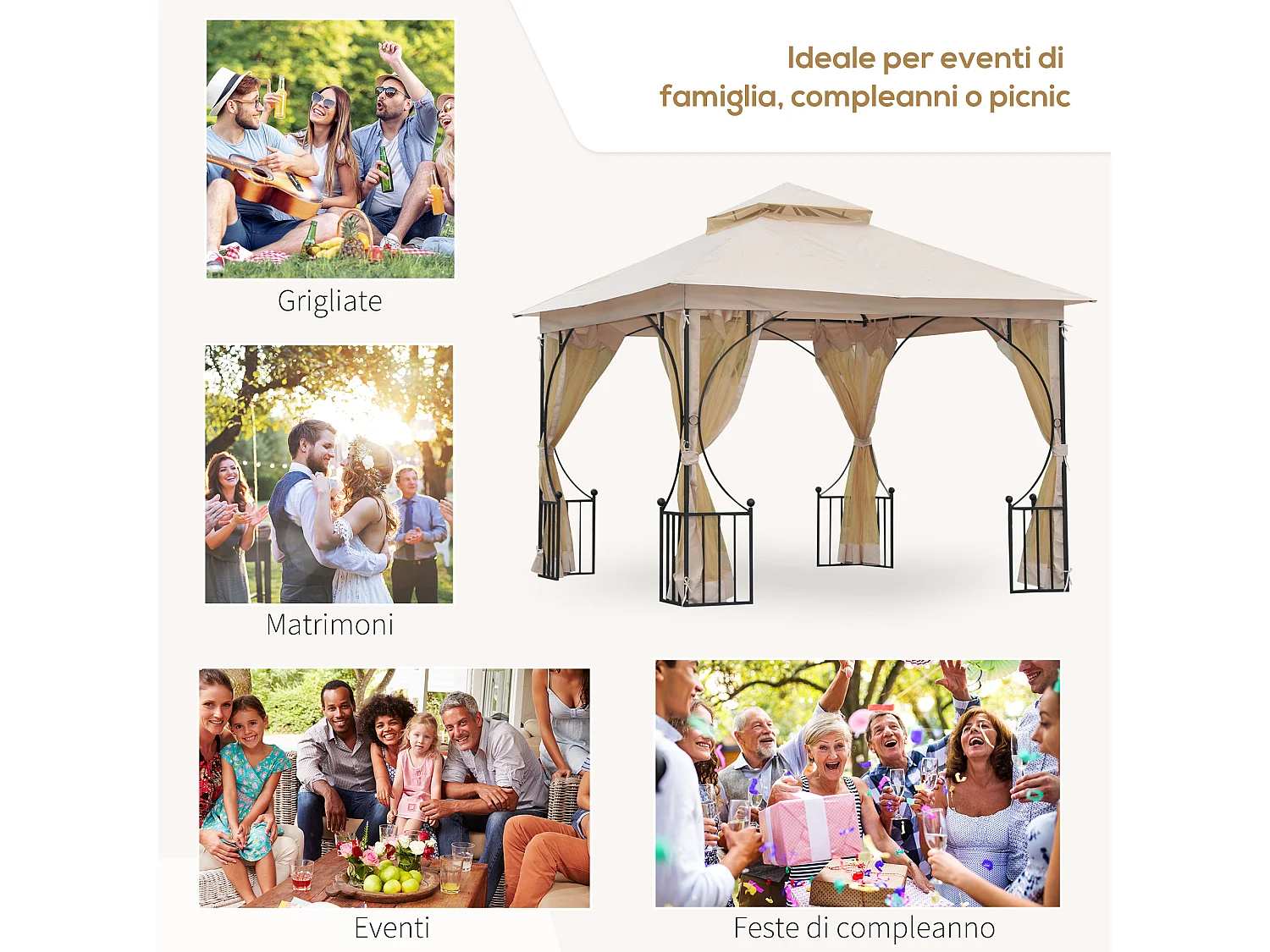 Gazebo da giardino 3x3m con zanzariere e tubi in metallo