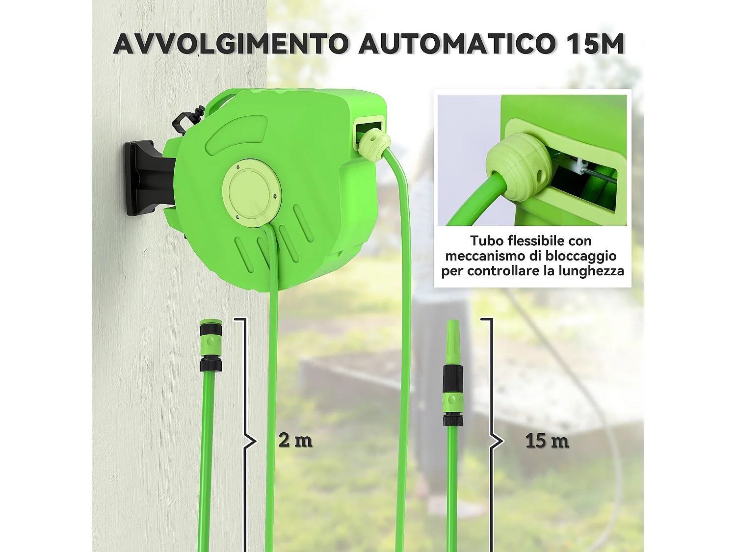 Rullo avvolgitubo a parete portatile con riavvolgimento automatico 15m