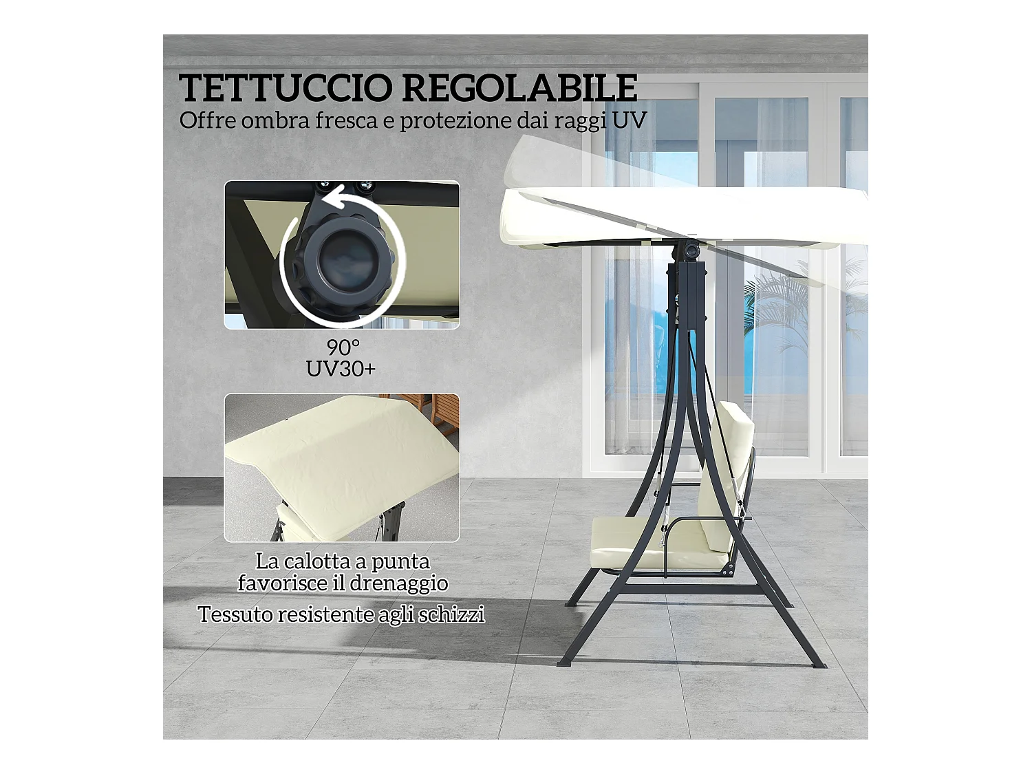 Dondolo da giardino 2 posti con tettuccio regolabile crema