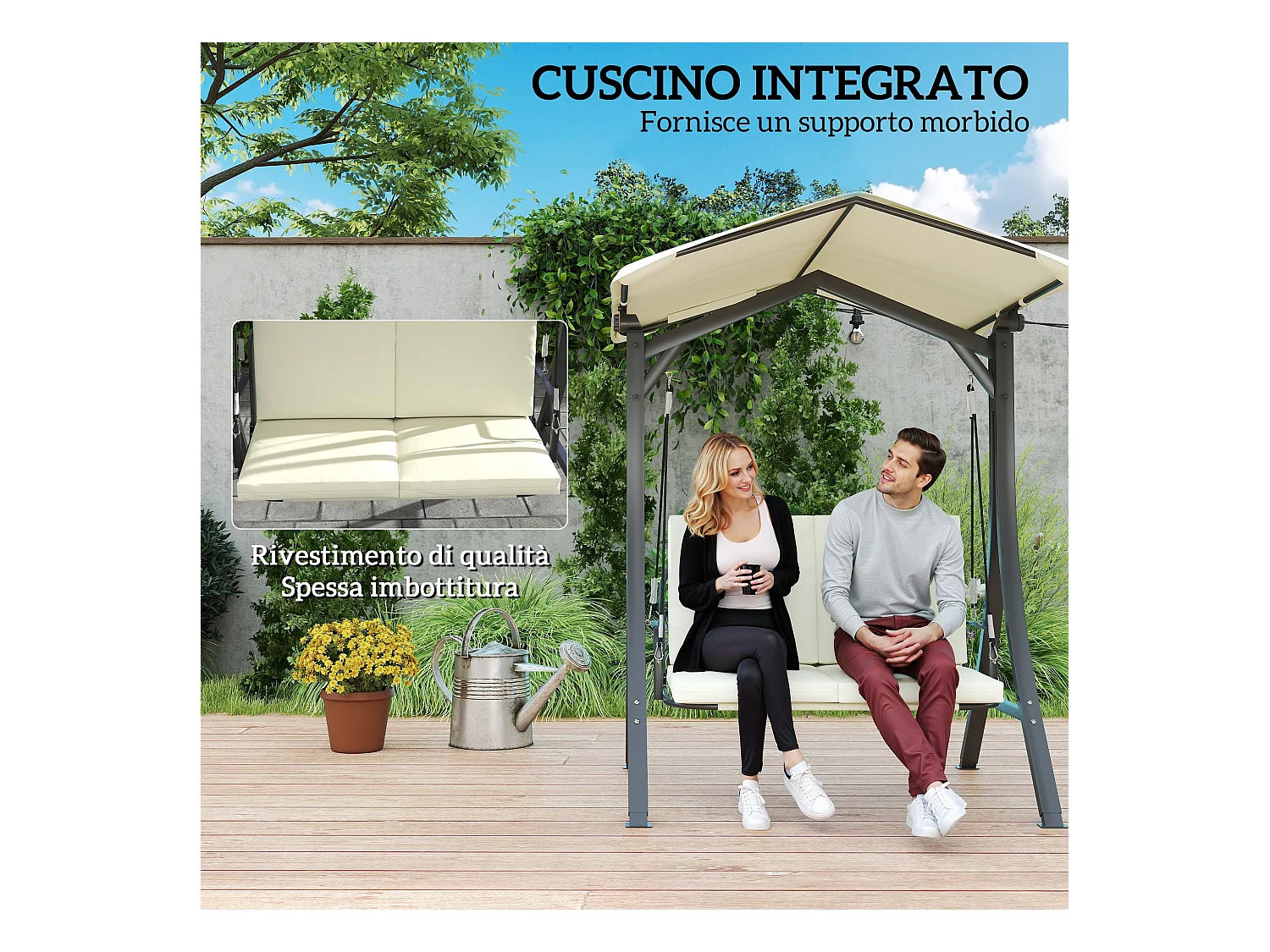 Dondolo da giardino 2 posti con tettuccio regolabile crema