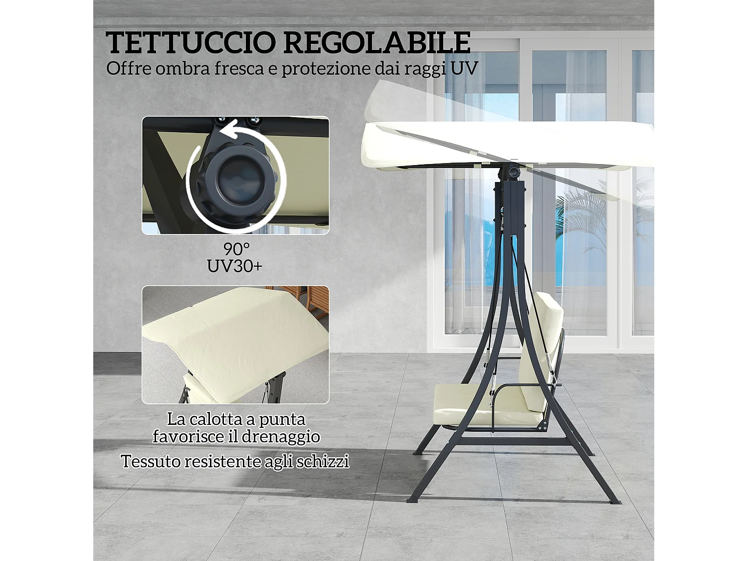 Dondolo da giardino 2 posti con tettuccio regolabile crema