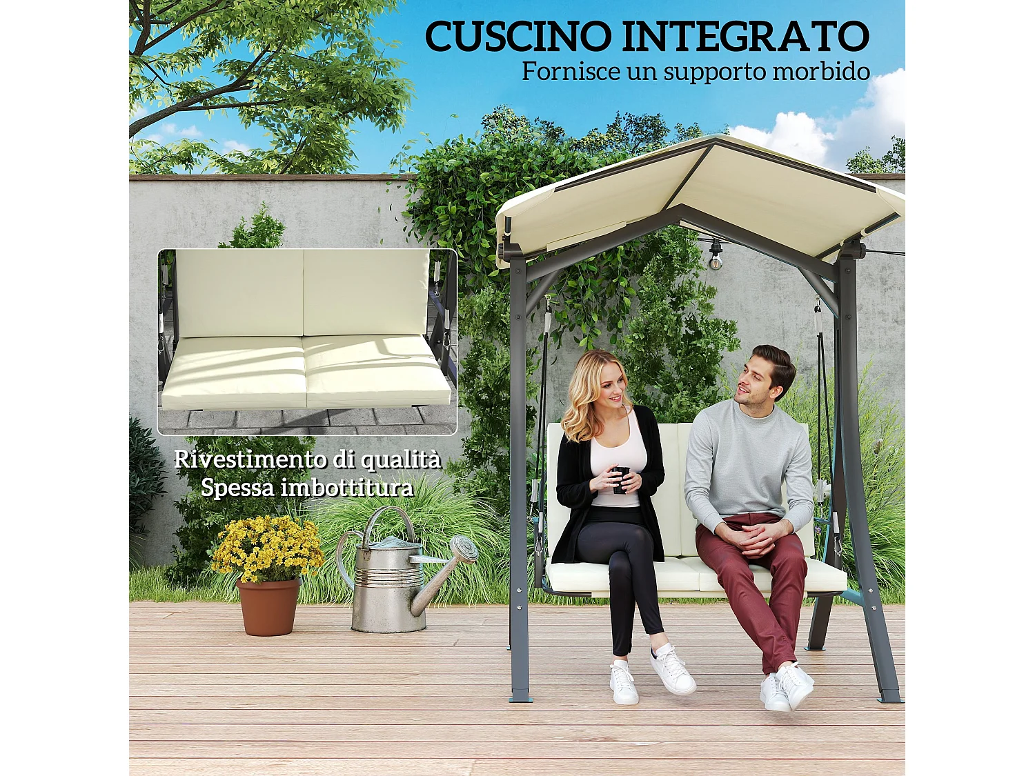 Dondolo da giardino 2 posti con tettuccio regolabile crema