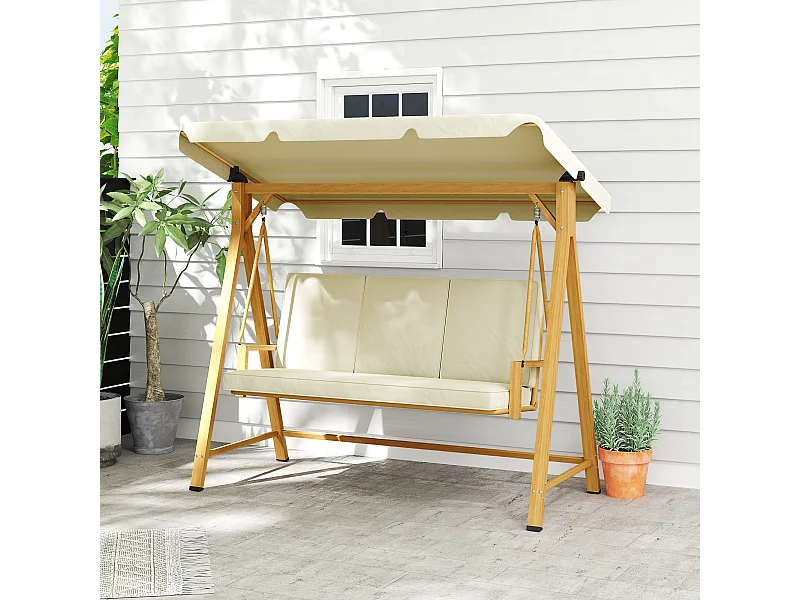 Dondolo da giardino 3 posti con tettuccio e cuscini beige