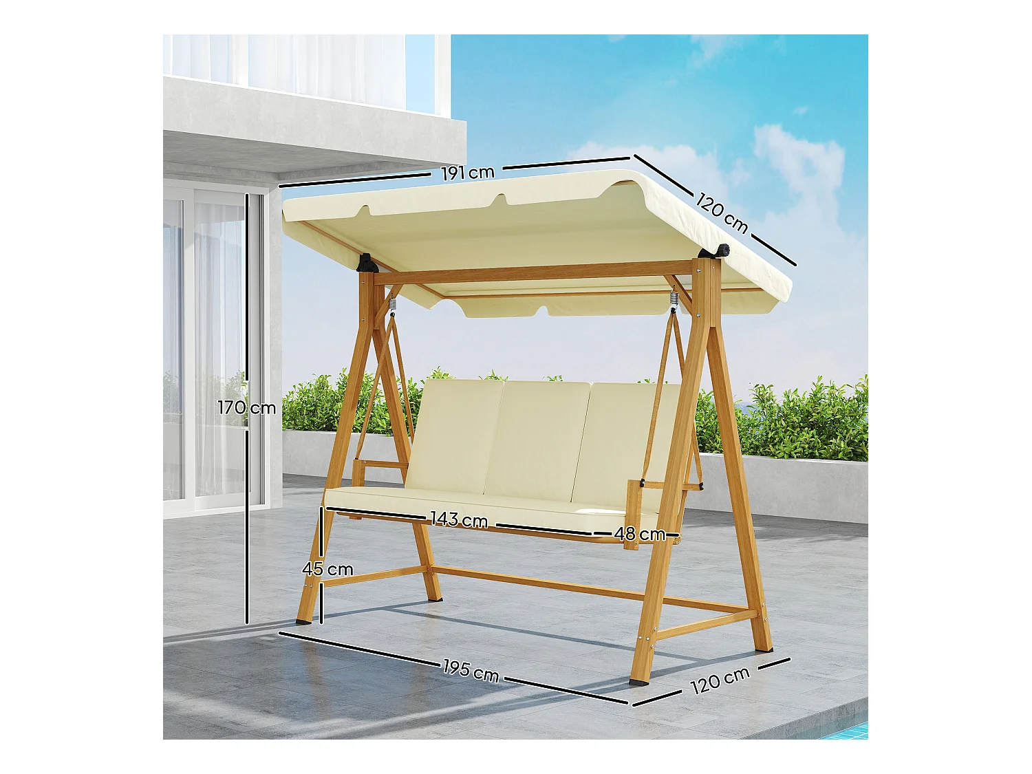 Dondolo da giardino 3 posti con tettuccio e cuscini beige