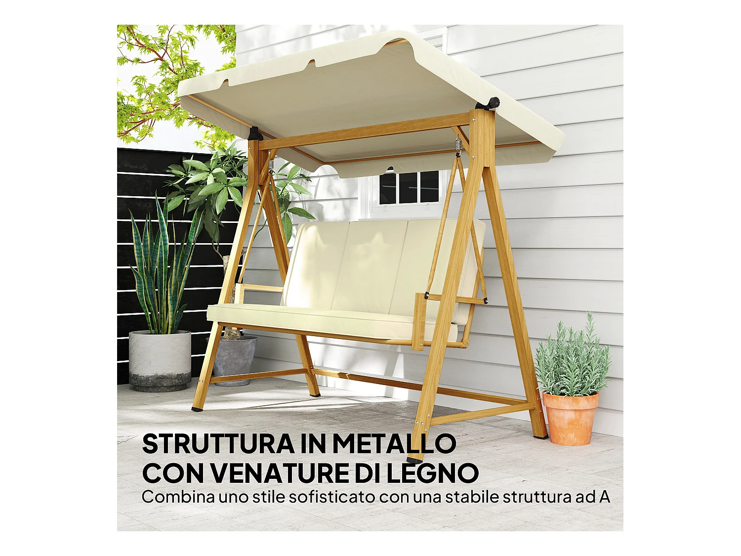 Dondolo da giardino 3 posti con tettuccio e cuscini beige