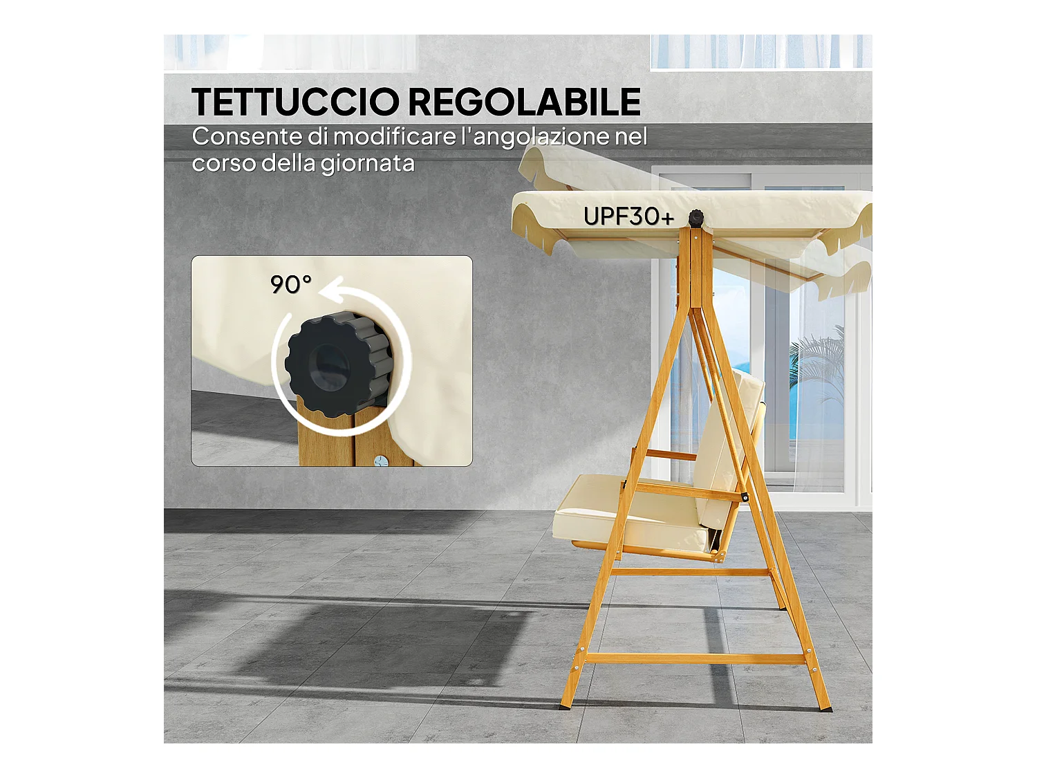 Dondolo da giardino 3 posti con tettuccio e cuscini beige