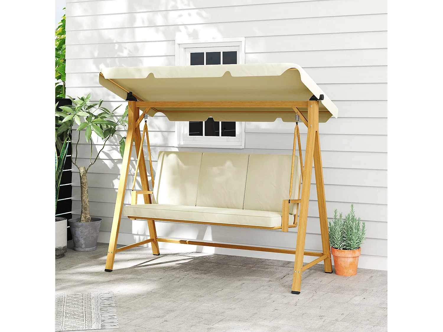 Dondolo da giardino 3 posti con tettuccio e cuscini beige