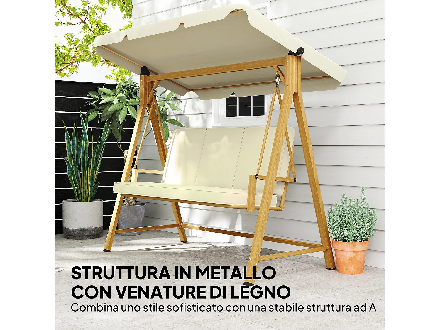 Dondolo da giardino 3 posti con tettuccio e cuscini beige