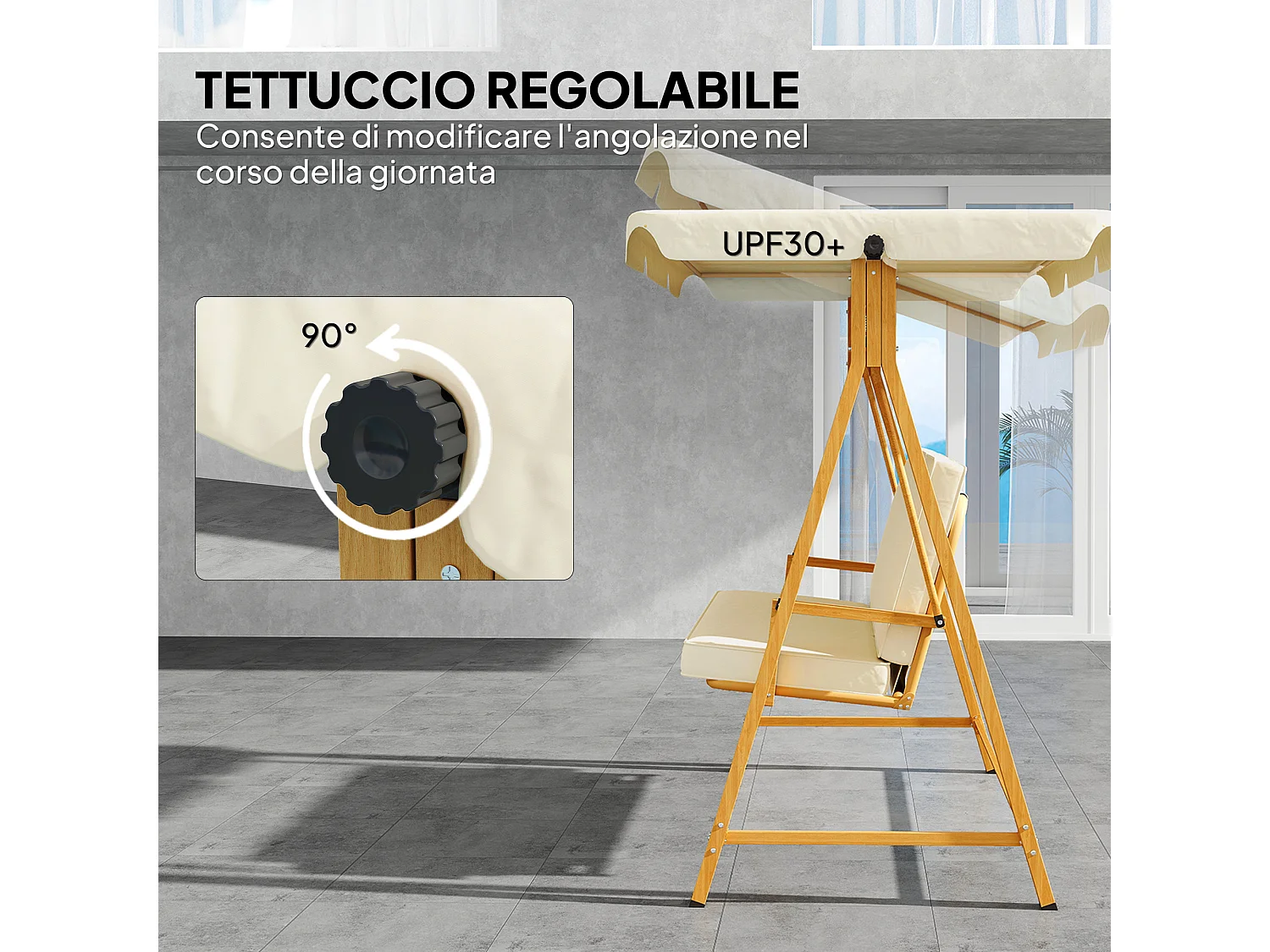 Dondolo da giardino 3 posti con tettuccio e cuscini beige