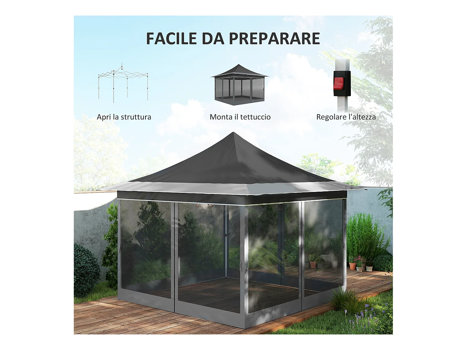 Gazebo da giardino ad altezza regolabile con zanzariera grigio scuro