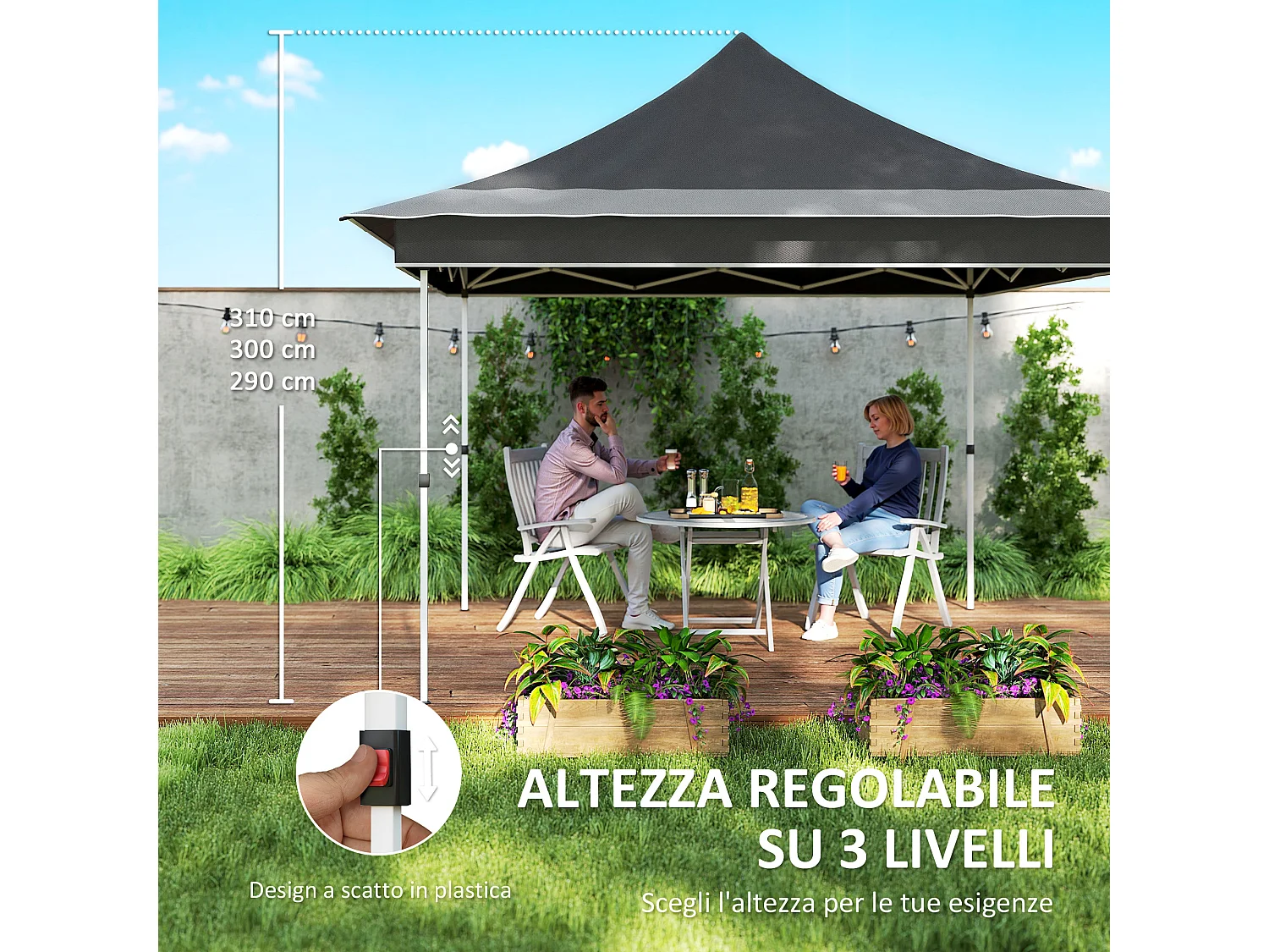 Gazebo da giardino ad altezza regolabile con zanzariera grigio scuro