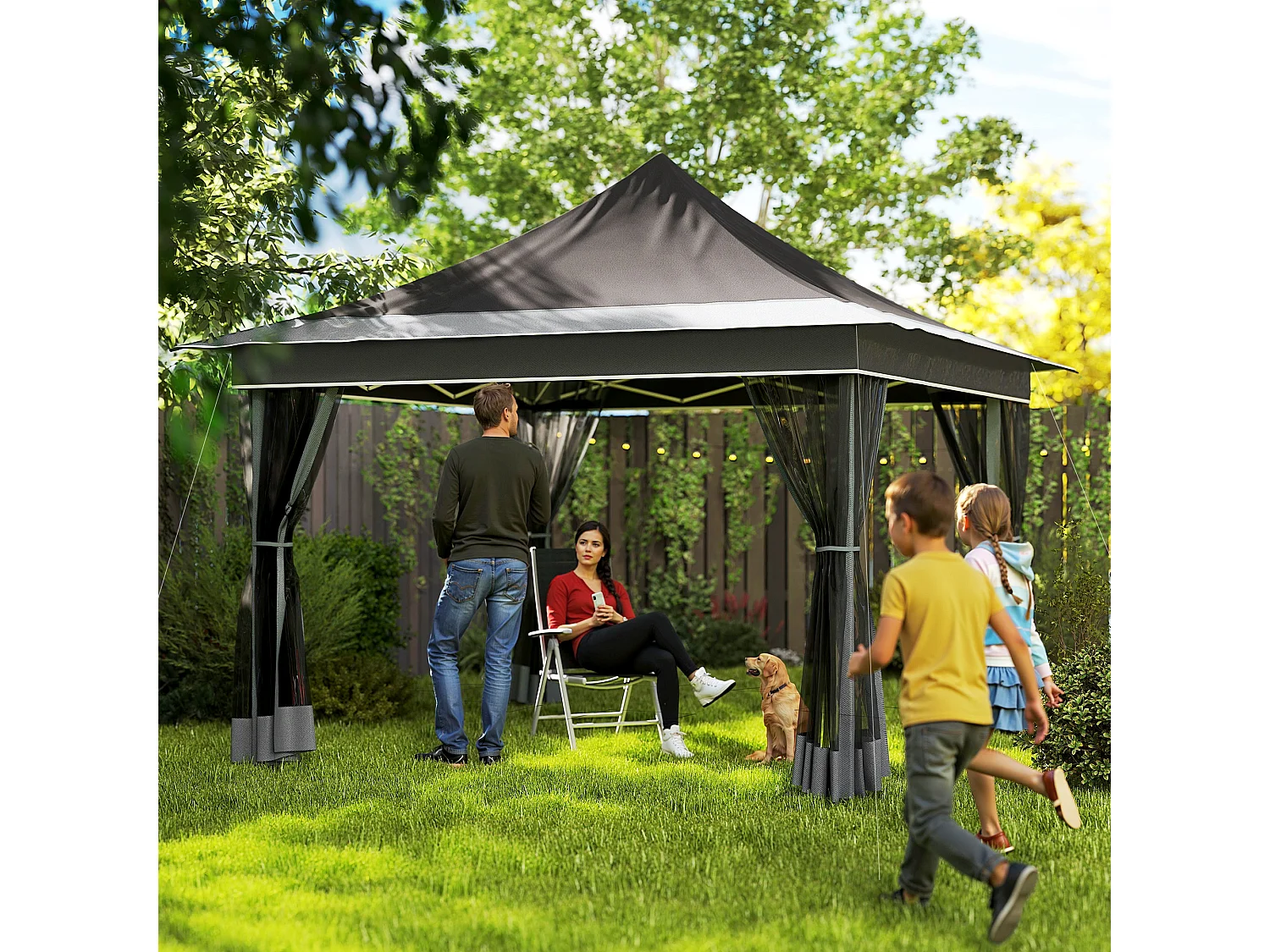 Gazebo da giardino ad altezza regolabile con zanzariera grigio scuro