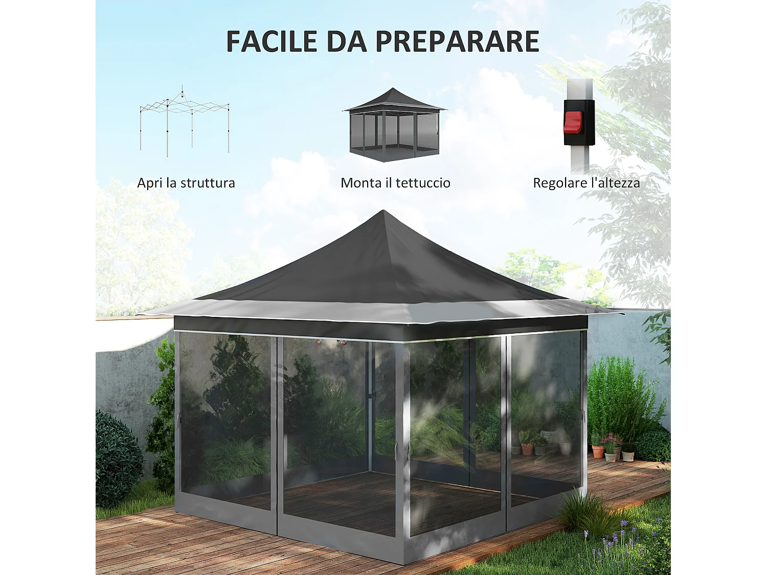 Gazebo da giardino ad altezza regolabile con zanzariera grigio scuro